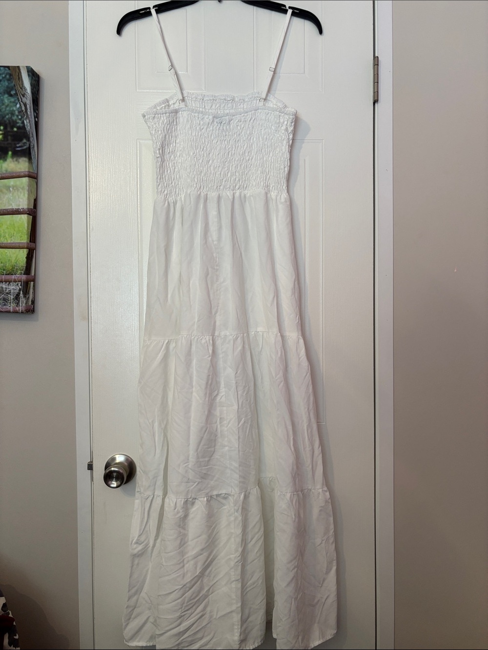 White Smocked Maxi Dress with Tiered Skirt and Crochet Sweater - Picture 2 of 6